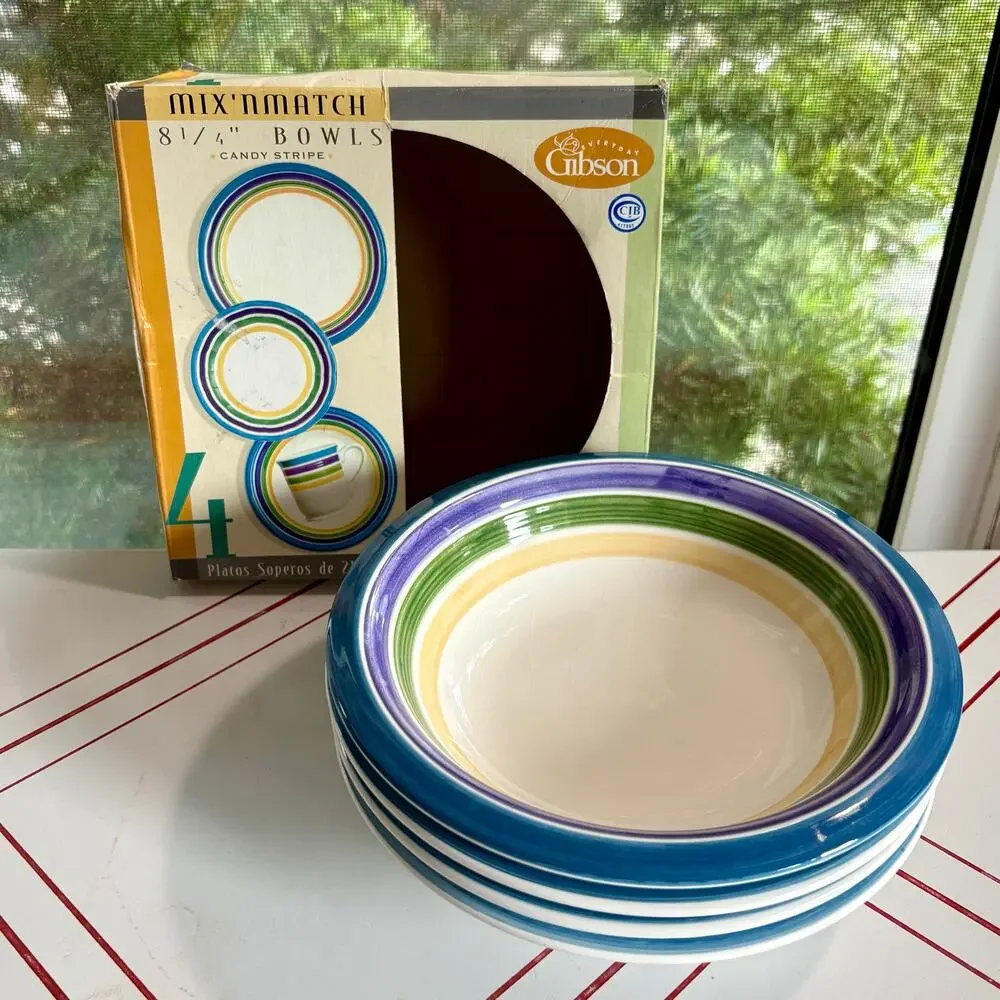 Vintage Gibson Candy Stripe Blue Purple and Green and Yellow Bowls Set of 4 8.25